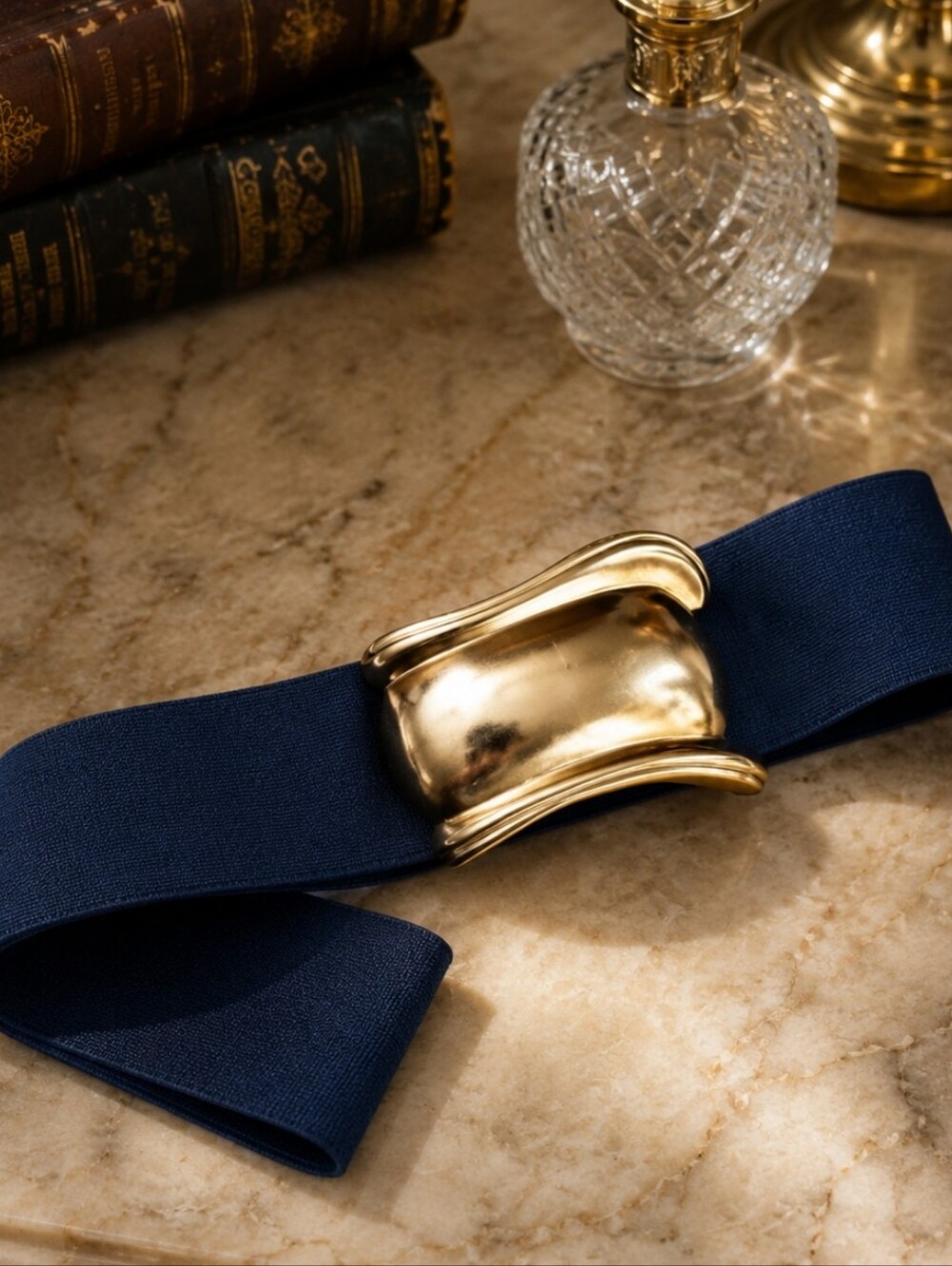 Vintage 80s Navy Blue Wide Stretch Waist Belt Gold Tone Statement Buckle 35"